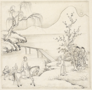 Ink drawing of a riverside landscape with a small wooden bridge, a willow, and a flowering tree. A young man on horseback, followed by two boys, is greeted by another young man, while two young women stand half-hidden behind the tree.