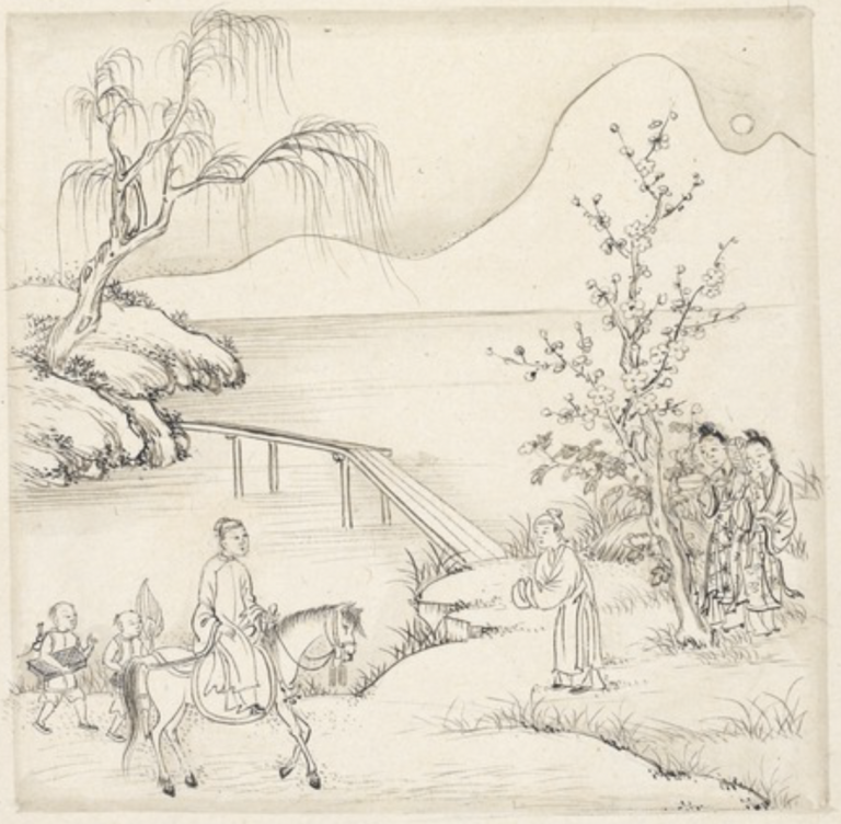 Ink drawing of a riverside landscape with a small wooden bridge, a willow, and a flowering tree. A young man on horseback, followed by two boys, is greeted by another young man, while two young women stand half-hidden behind the tree.