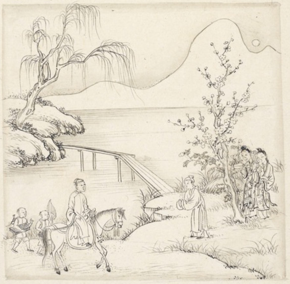 Ink drawing of a riverside landscape with a small wooden bridge, a willow, and a flowering tree. A young man on horseback, followed by two boys, is greeted by another young man, while two young women stand half-hidden behind the tree.